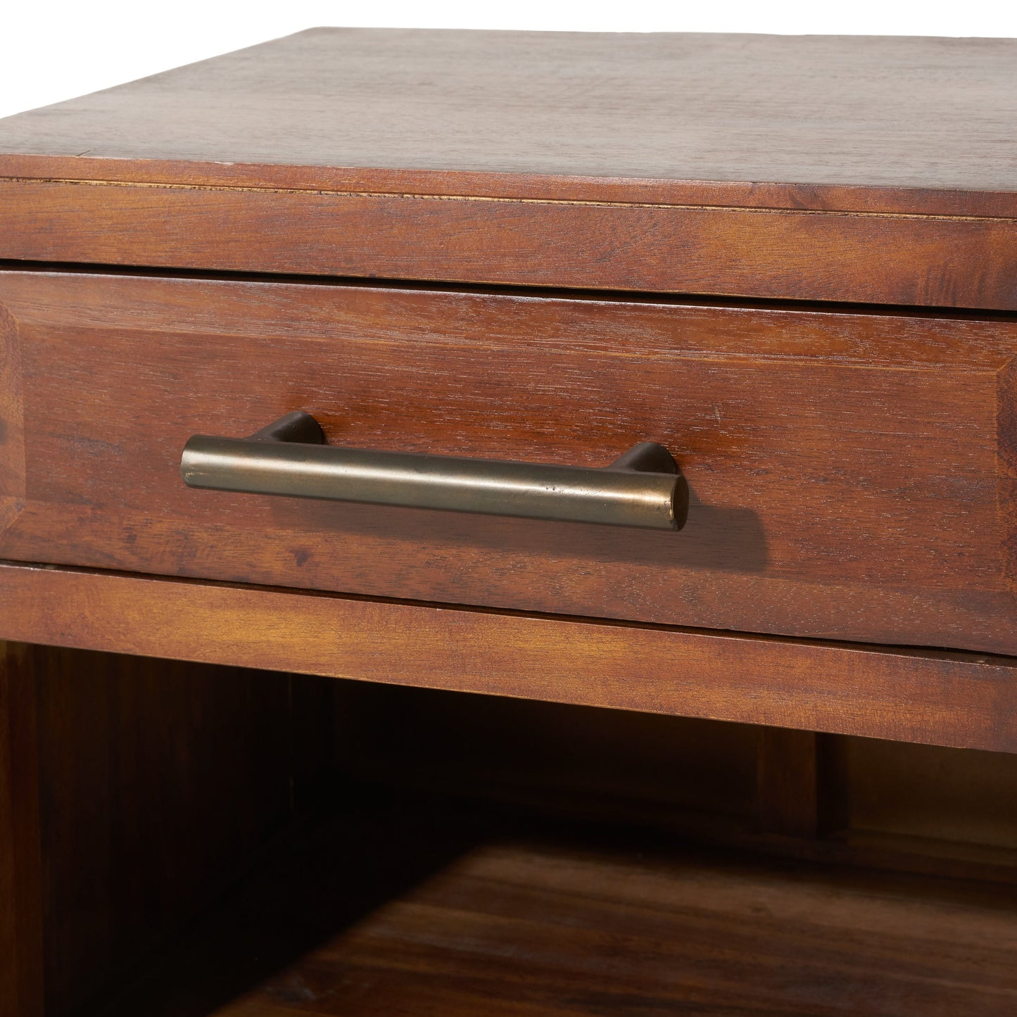 End Table in Brown Acacia Wood with Storage Drawer and Shelf