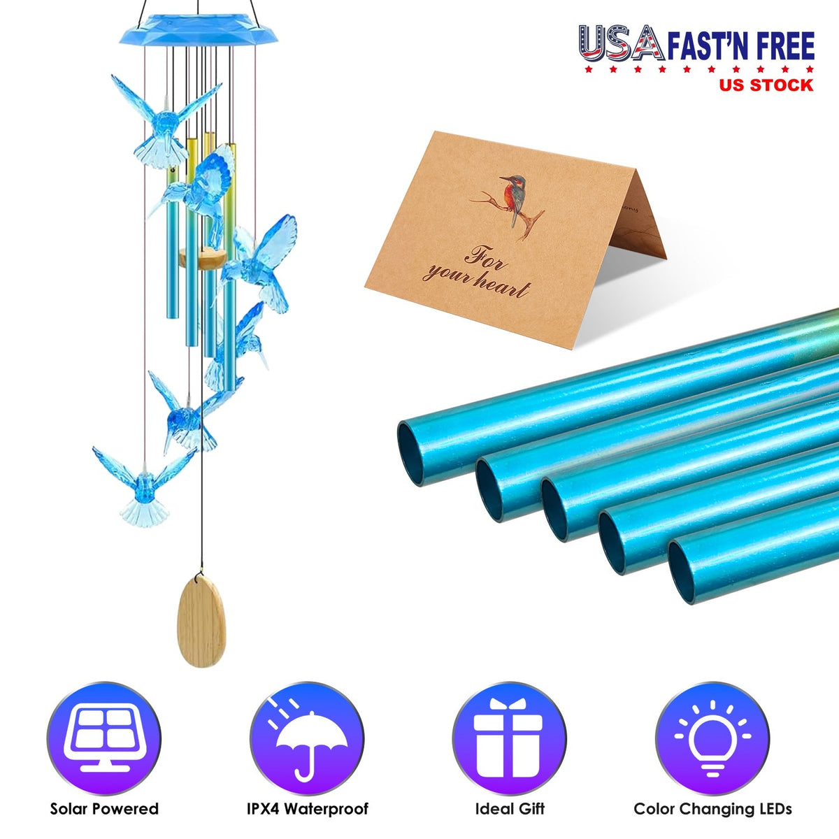 Solar Wind Chime with Color-Changing LED & Aluminum Tubes