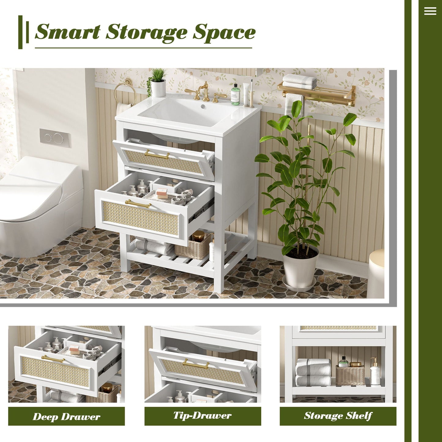 Modern Bathroom Vanity With Integrated Sink, Cabinet With 1 Deep Drawer And 1 Tip-Out Drawer