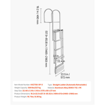Retractable Dock Ladder, 5 Steps, Aluminum Alloy with Auto-Lift Float