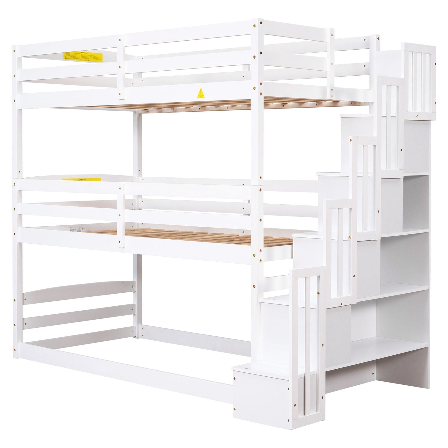 Twin Size Triple Bunk Bed With Storage Staircase, Separate Design - White