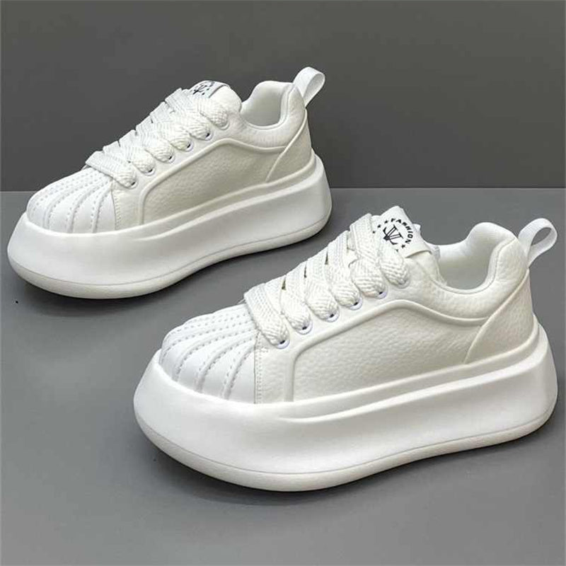 New Autumn Shell Toe Leather Sports Casual Skate Shoes, Versatile Thick Sole Low-top White Sneakers