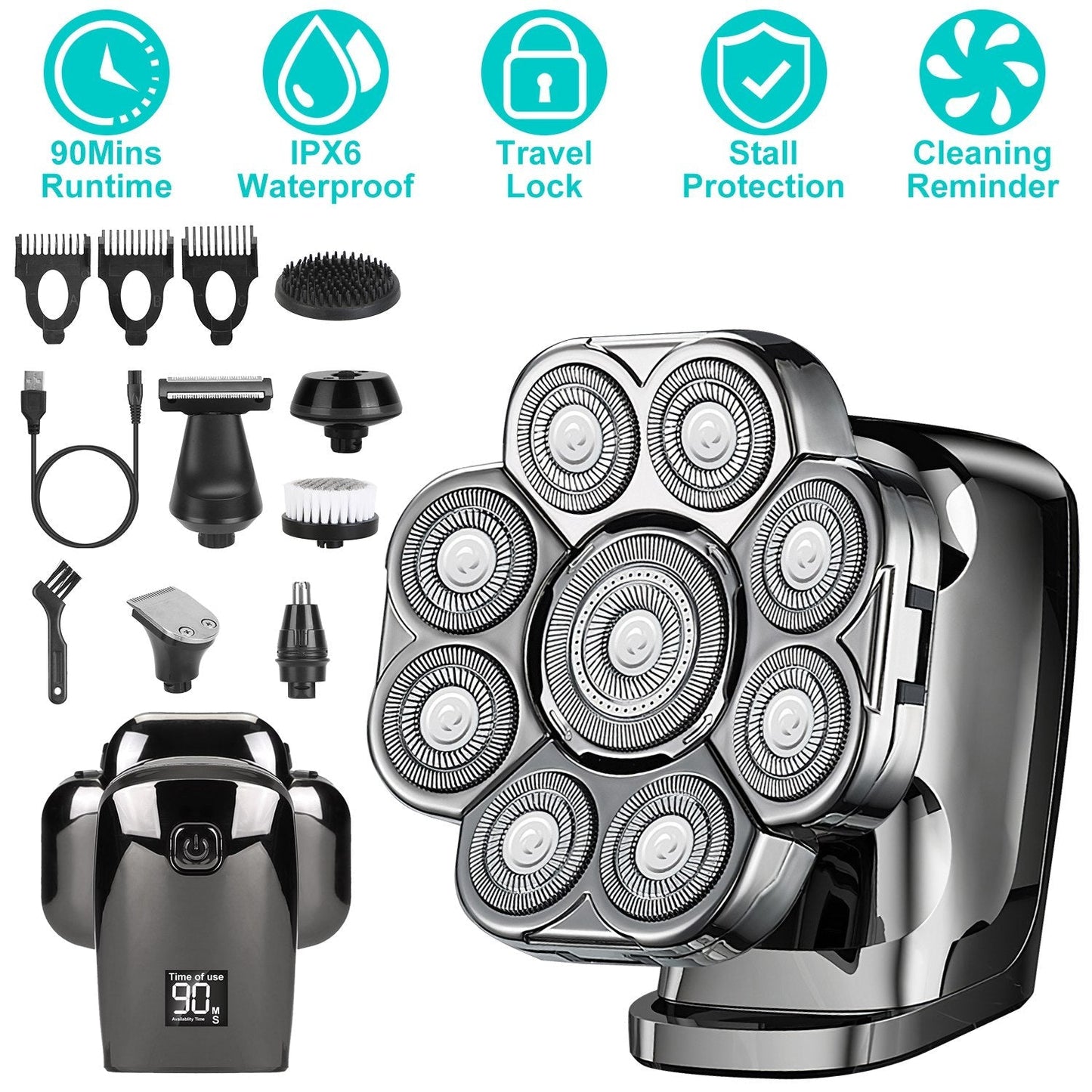 6 In 1 9D Electric Head Shaver for Men Cordless Rechargeable Wet Dry Razor with LED Display Travel Lock Stall Protection Cleaning Reminder