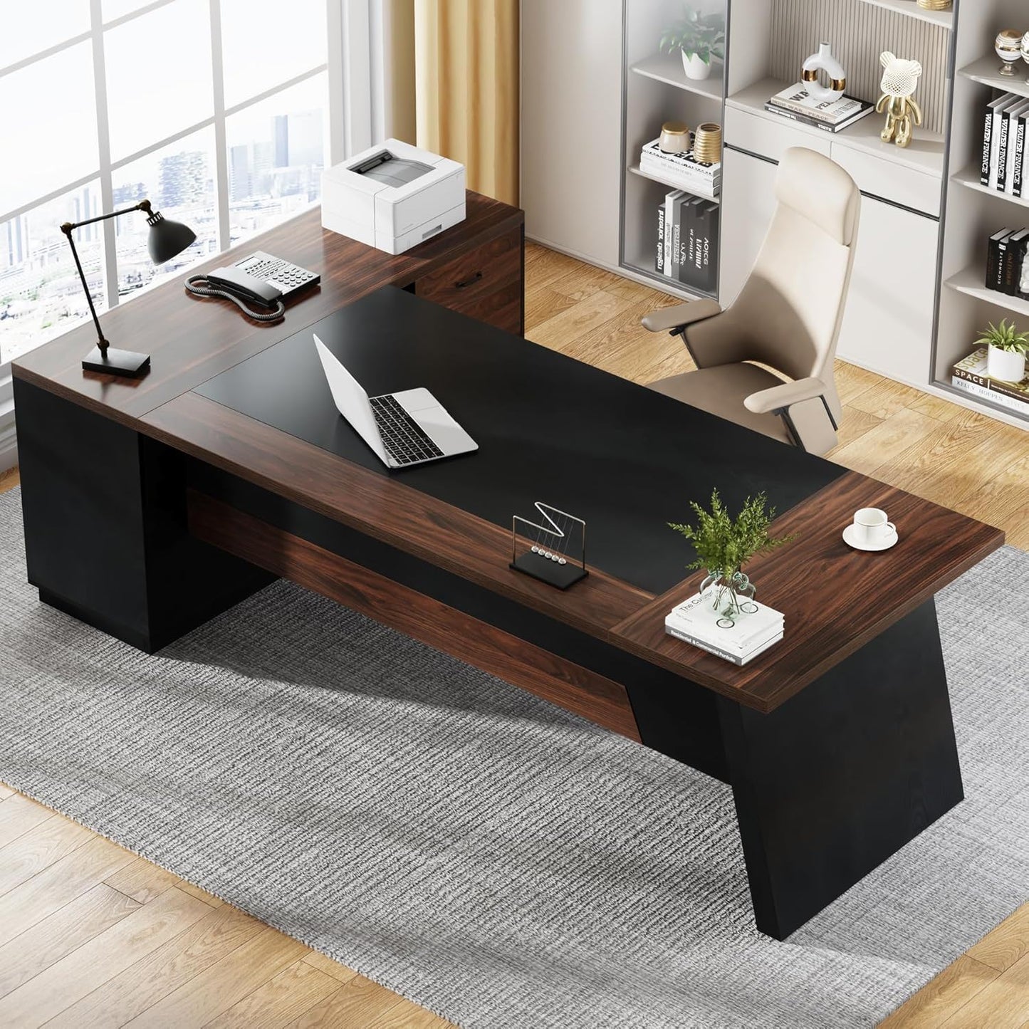 L-Shaped Executive Desk With File Cabinet & Drawers