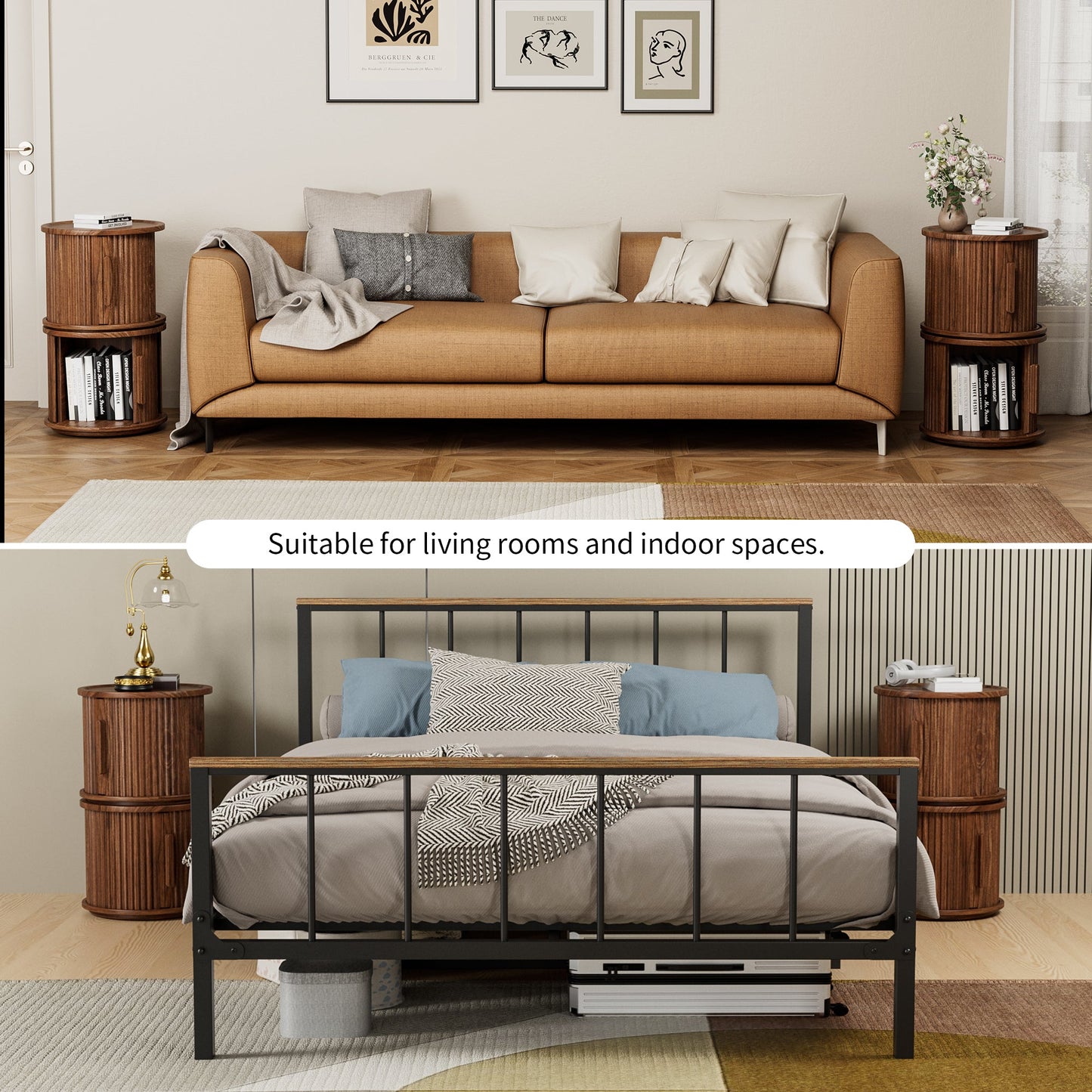 2Piece Round Coffee Table Set, Modern Nesting Side Tables with Sliding Door Storage