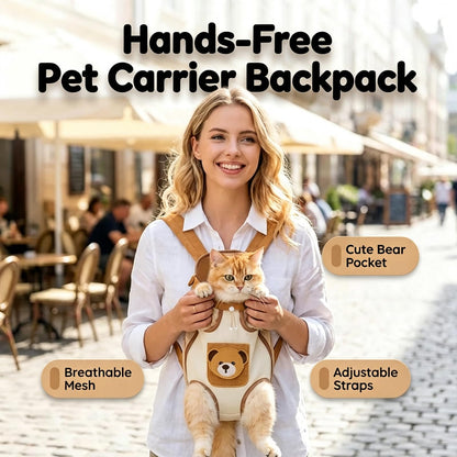 Cute Bear Pet Front Carrier Backpack, Hands Free Chest Carry Bag For Small Dogs Cats, Breathable Legs Out Design Adjustable Secure Buckles For Daily Walking Travel