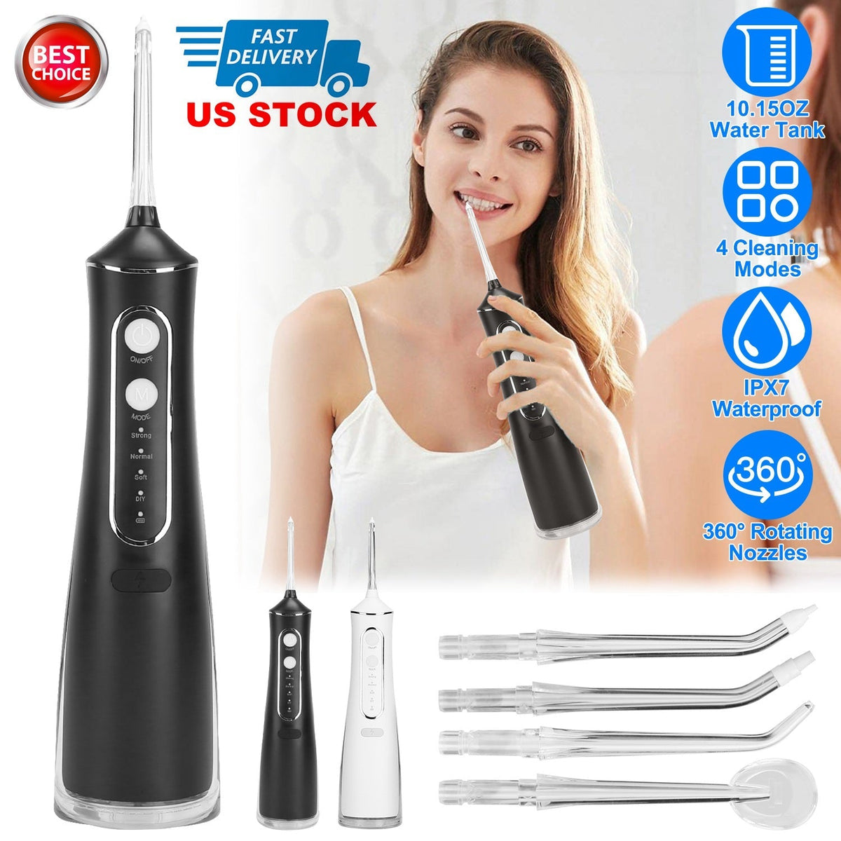 Portable Water Dental Flosser Cordless Rechargeable Dental Oral Irrigator IPX7 Waterproof Teeth Cleaner with 4 Modes 4 Nozzles 10.15oz Detachable Wate