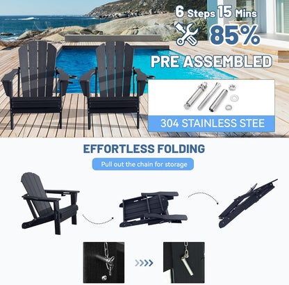 Adirondack Chairs Set of 2, Plastic HDPE Folding Outdoor Chairs with Cup Holder