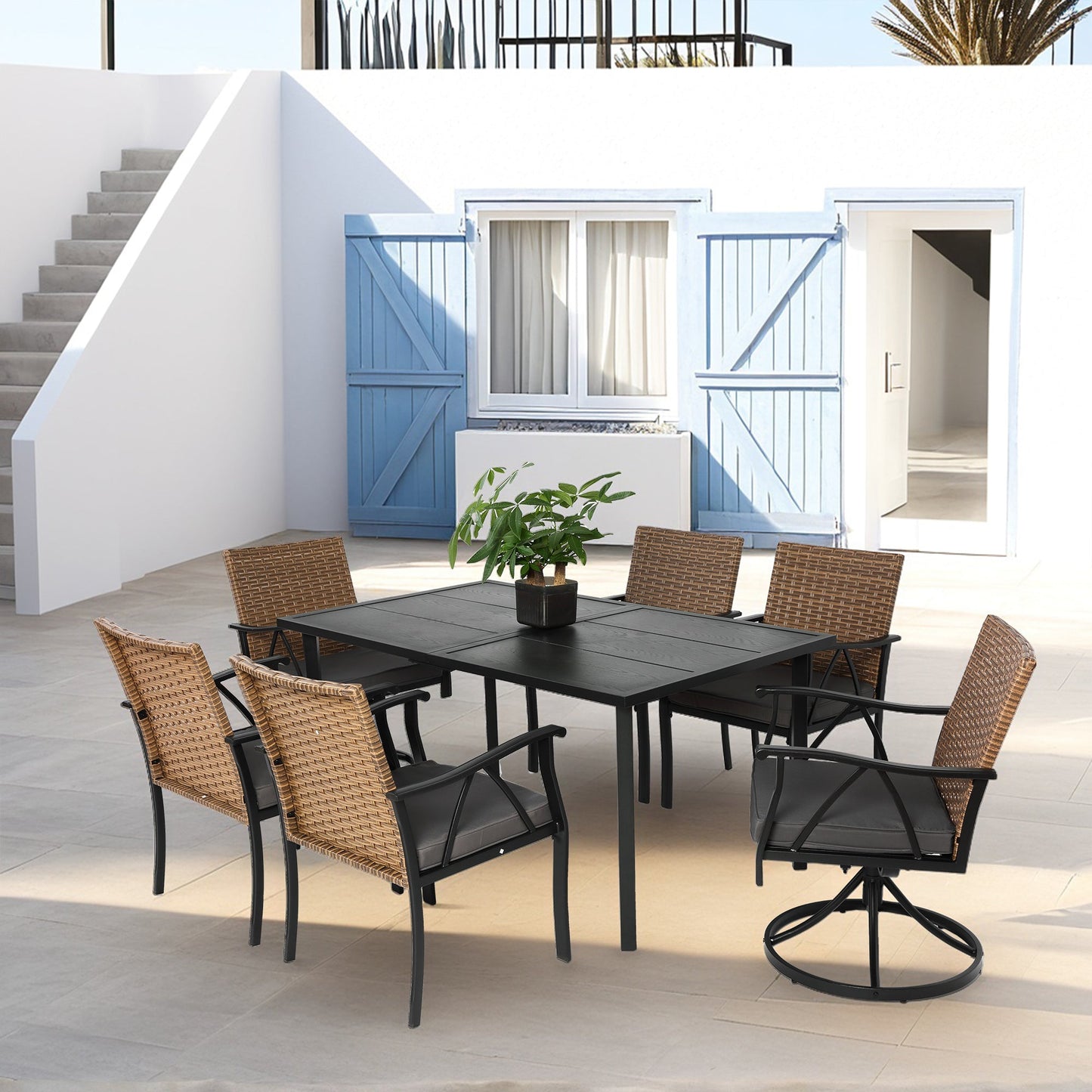 7 Piece Patio Dining Set with Outdoor Wicker Furniture