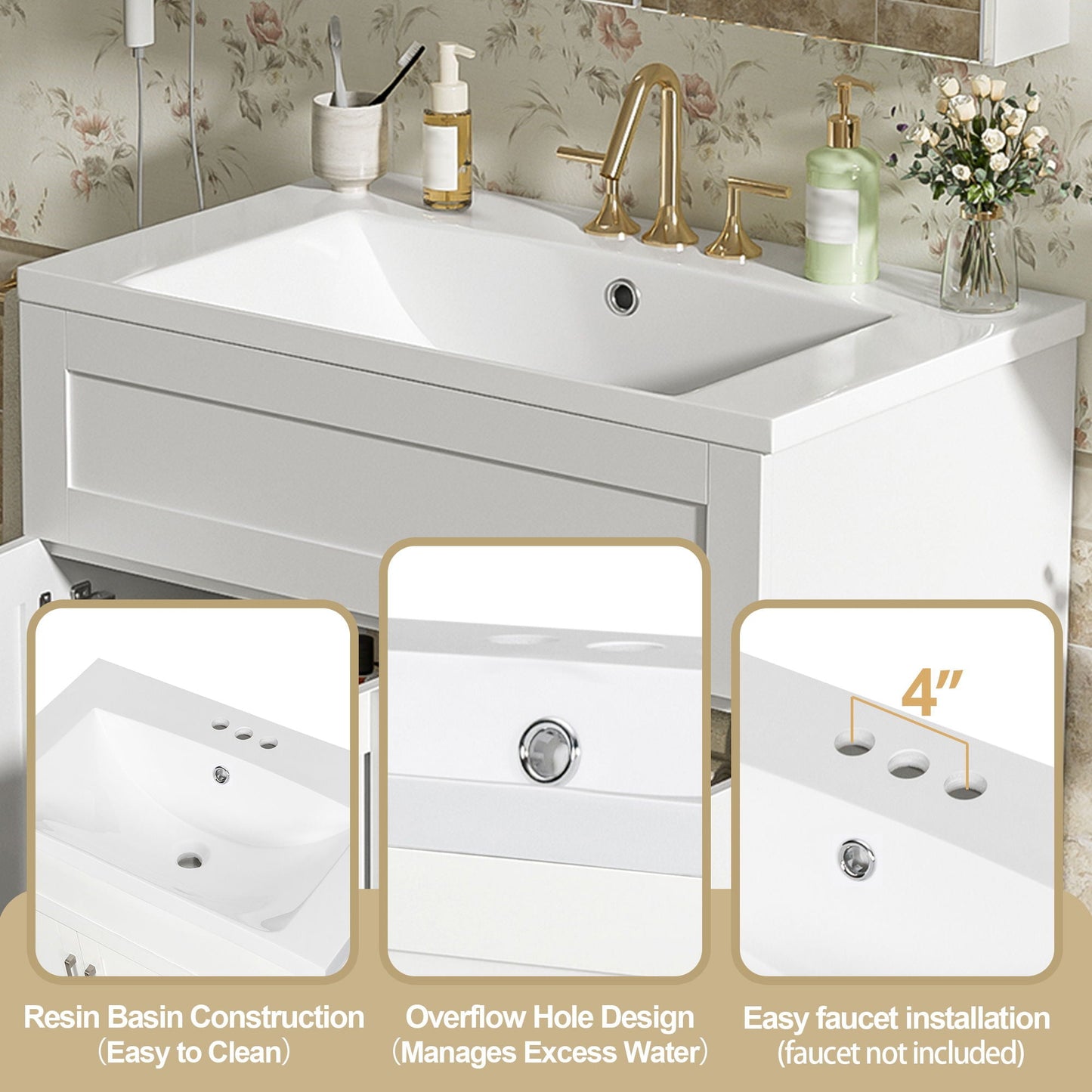 Bathroom Vanity With 2 Doors, 2 Drawers, Adjustable Shelf, Hidden Slides & Soft Close Hinges