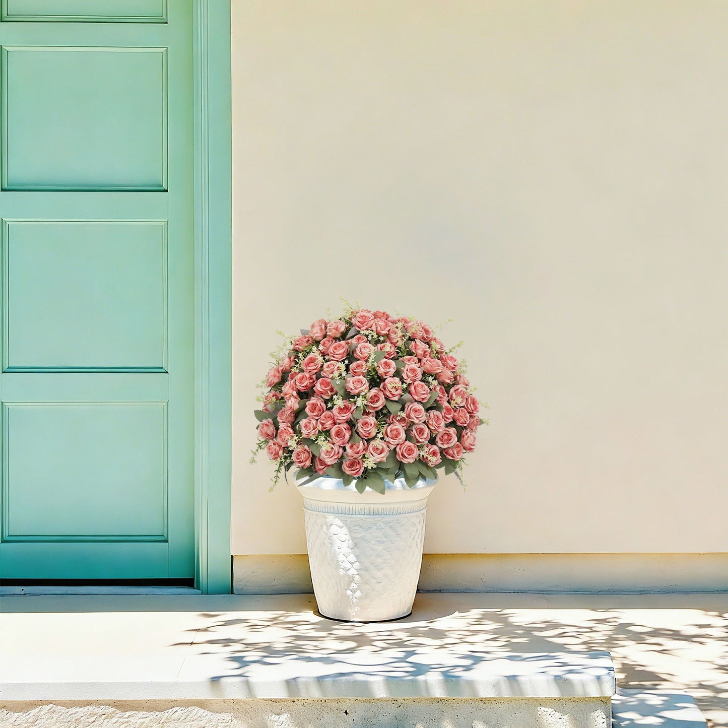 Artificial Rose Decoration With UV Resistant Silk Petals, Durable Stems In Cement Pot, Indoor Outdoor Potted Floral Arrangement - Green / Pink