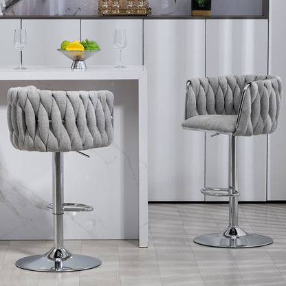 360 Degree Swivel Bar Stools Adjustable Counter Height Bar Chairs With Woven Back & Footrest, Silver Chromed Bar Stools For Kitchen Island (Set of 2) - Gray