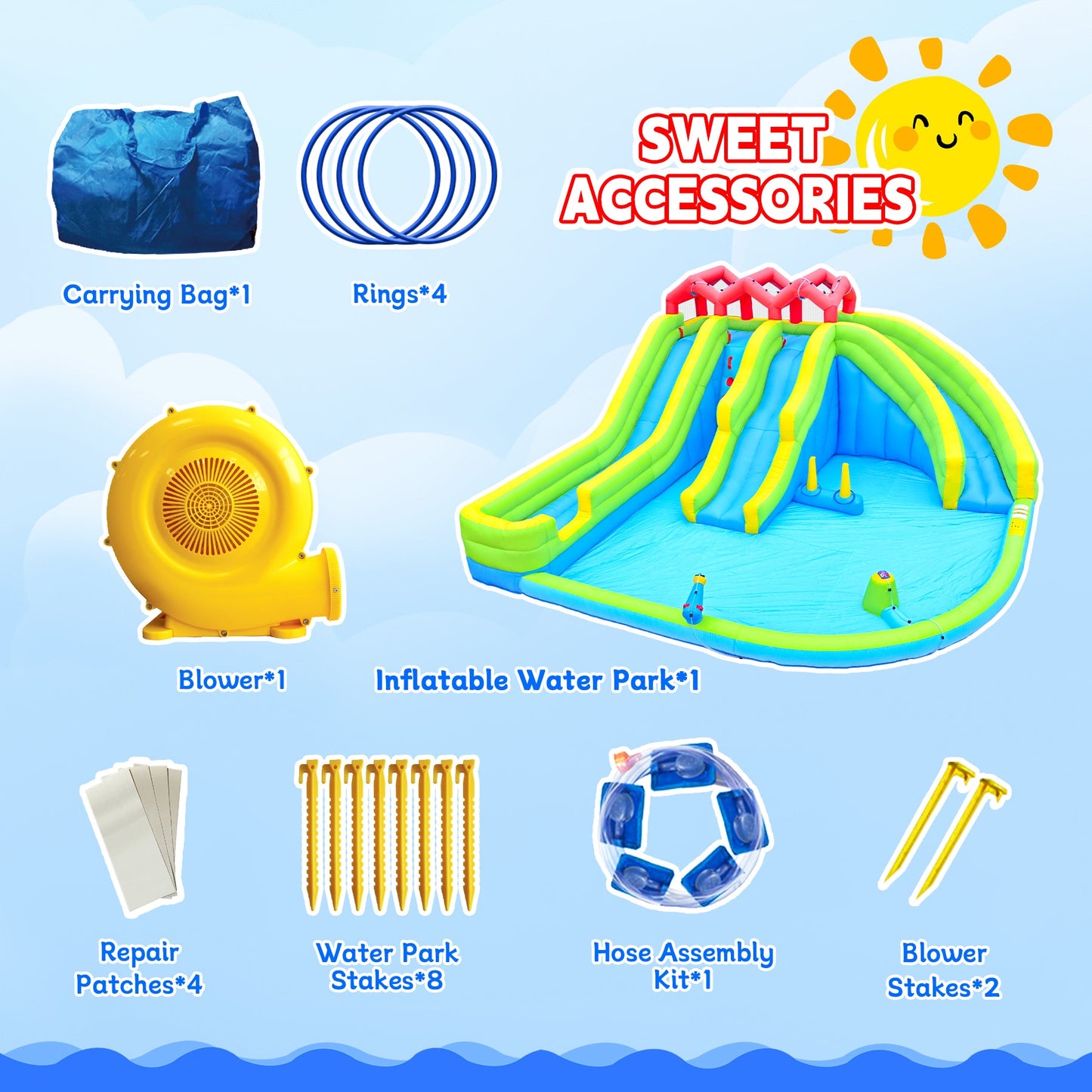 7-in-1 Inflatable Water Park Three Slide with Blower and Climbing Wall for Children