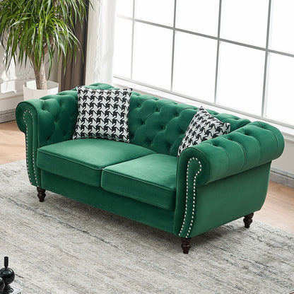 Chesterfield Fabric Sofa With Roll Armrest And Nailhead, Mid Century 2 Seater Couch