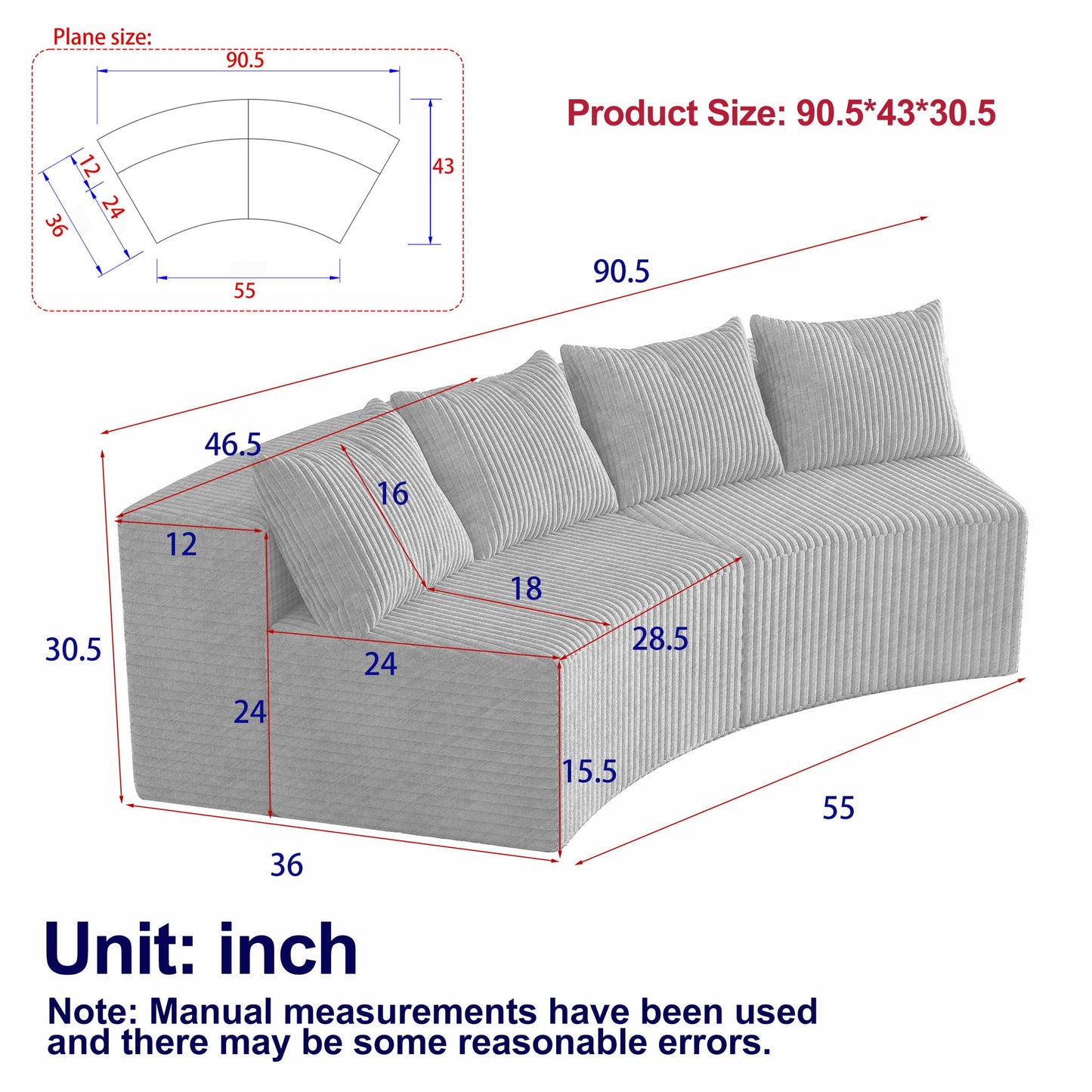 Curved Sectional Sofa With 4 Pillows, Modular Semi Circular Design