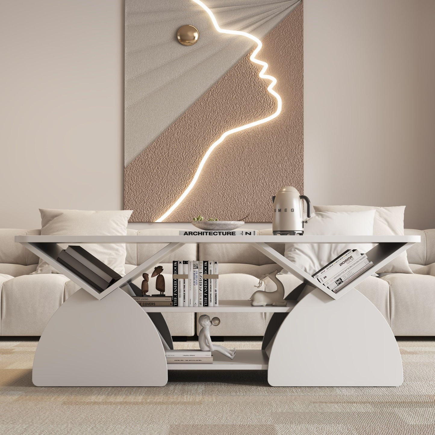 Geometric Engineered Coffee Table with Rounded Corners and Open Shelves