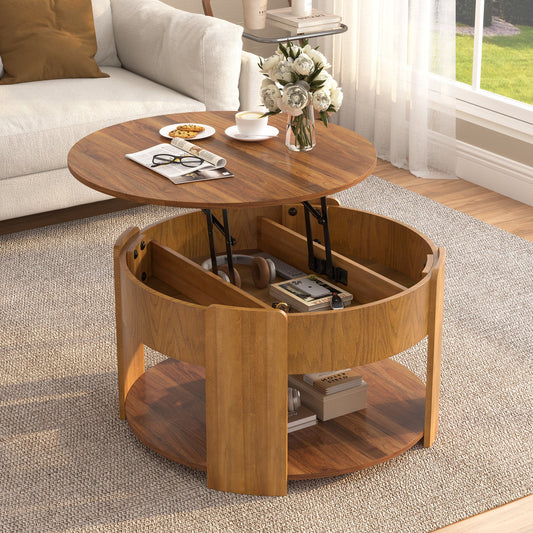 Vibe Haus Farmhouse Round Lift Top Coffee Table with Hidden Storage