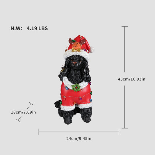 Festive Black Poodle Christmas Statue with Santa Outfit - Black+Red