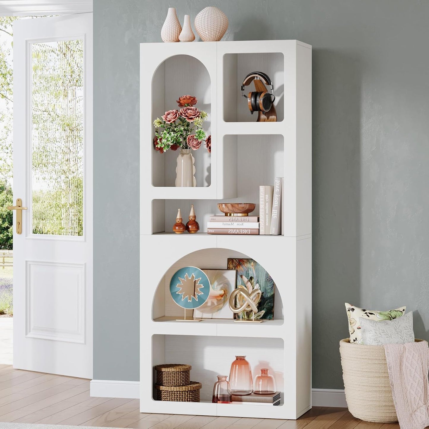 Geometric Arched 5 Shelf Art Display Bookcase For Living Room - White