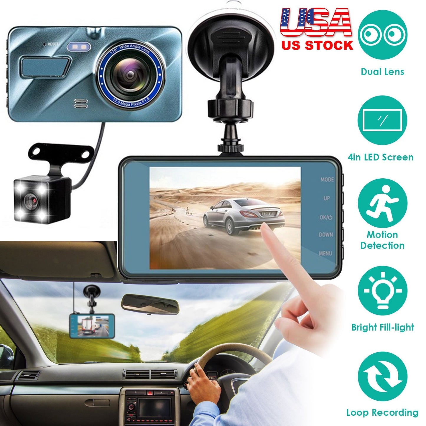 720P Dual Dash Cam Car Camera Recorder Looping Recording Car DVR Driving Vehicle Recorder with Motion Detection Light
