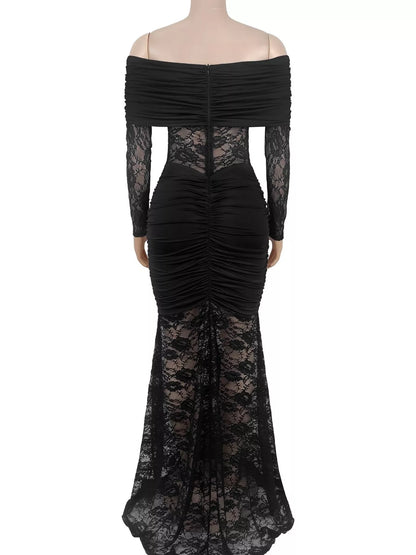 Off-Shoulder Ruched Lace Mermaid Maxi Dress