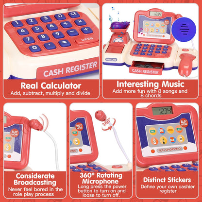 Kids Cash Register Pretend Play Cashier Toy with Scanner Calculator Credit Card Money Grocery Products Educational Toy Gift for Kids Aged 3 4 5 6 Year