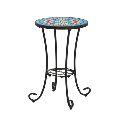 Patio Side Table with Shelf, Blue and Black