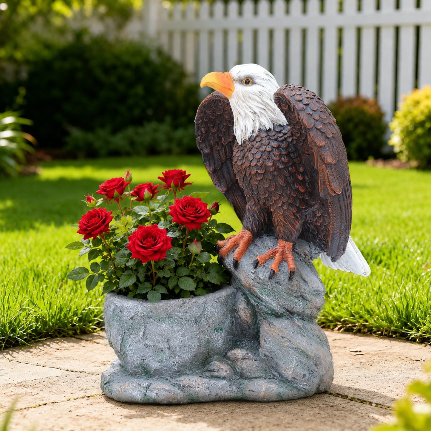 Standing Eagle Statue Garden Planter on Faux Stone Base