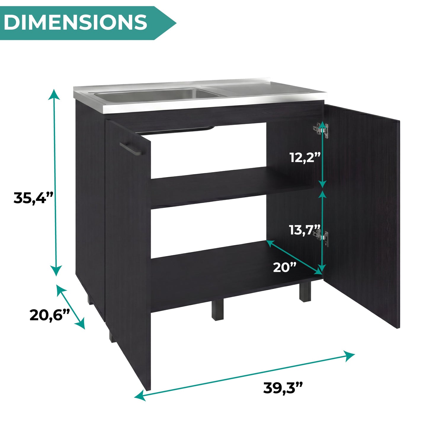 Napoles 2 Utility Sink with Cabinet, Stainless Steel Countertop, Interior Shelf - Wenge