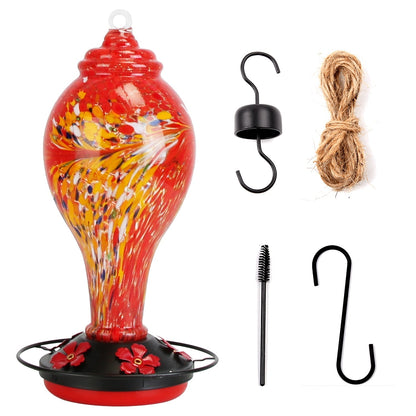 Glass Hummingbird Feeder 33OZ Hand Blown Hummingbird Feeder with 5 Flower Feeding Port Perch Ant Moat Hanging Hook S Hook Hemp Rope Cleaning Brush for