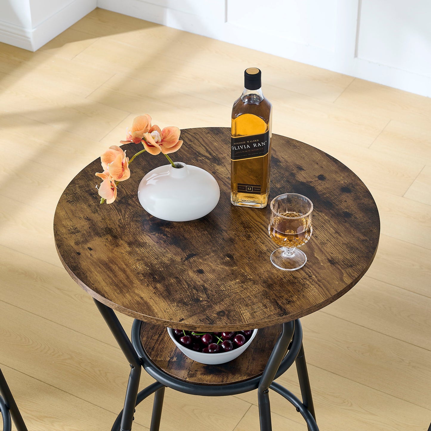 Rustic Brown Round Bar Table And Stool Set With Shelf, Upholstered Stool With Backrest - Antique Brown