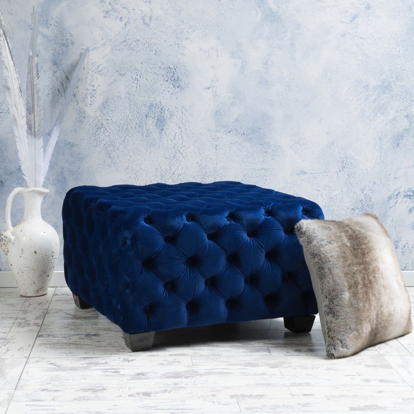 Modern Glam Ottoman with Upholstery and Button Tufted Design