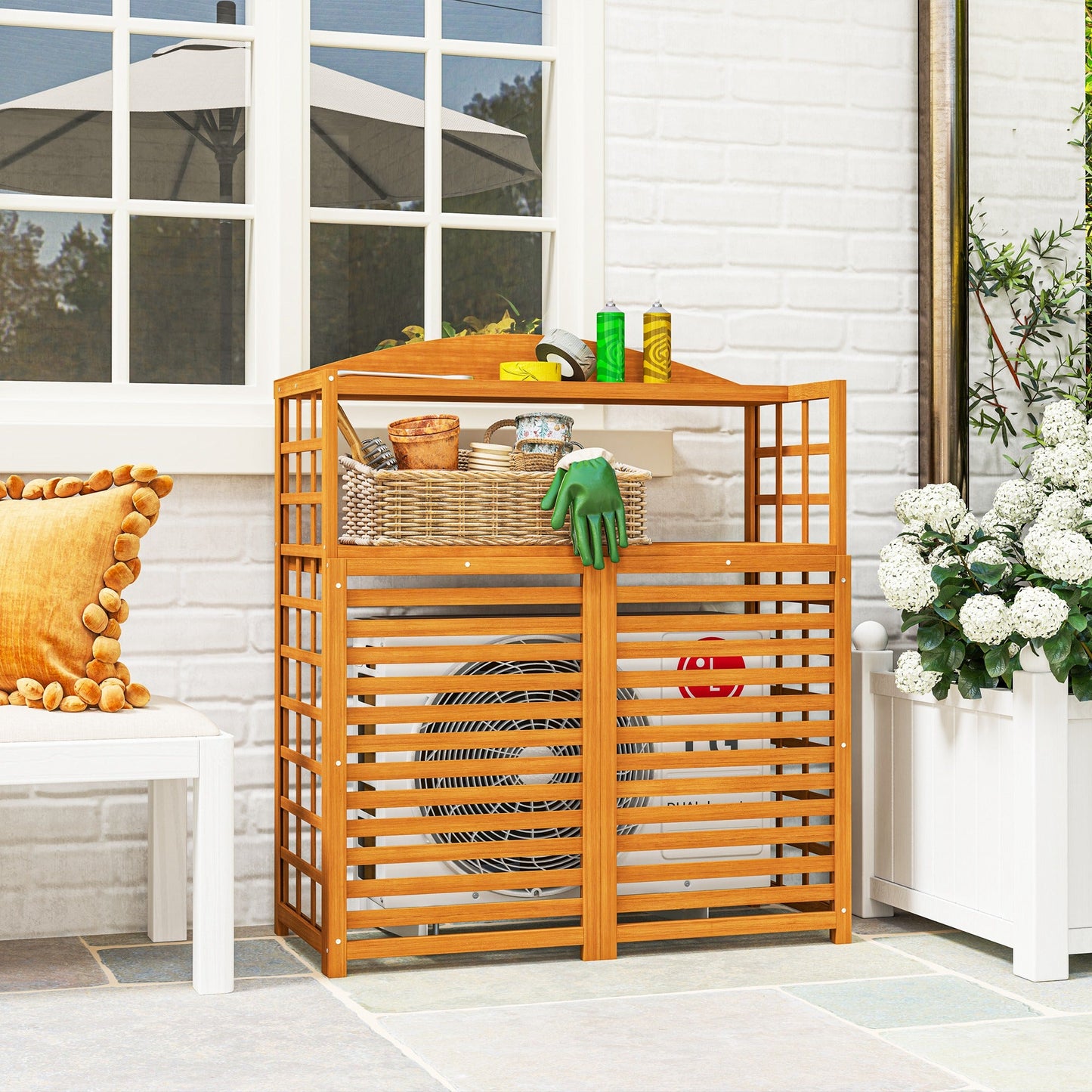 Outsunny Wood Air Conditioner Fence, Outdoor Privacy Screen Potting Table with Shelves