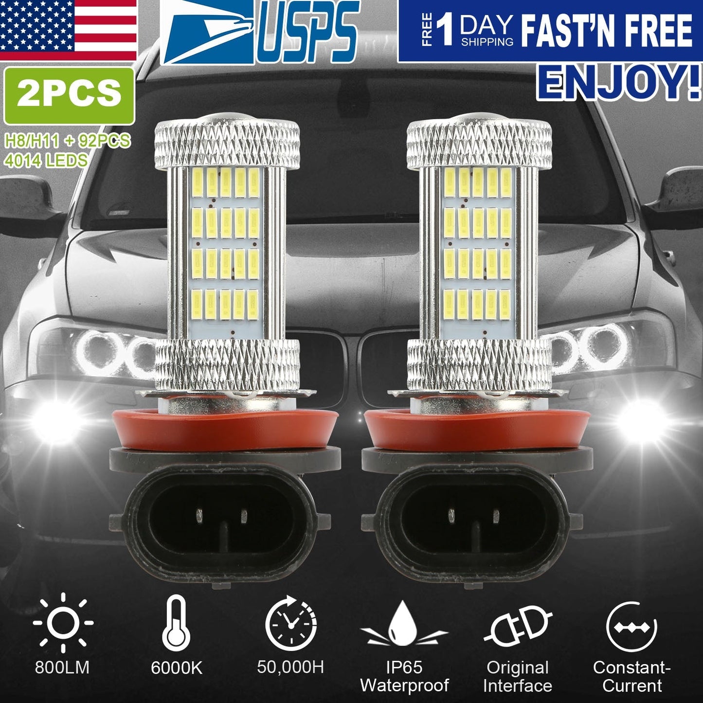 2PCS 800lm H8/H9/ H11 LED Fog DRL Light Bulb IP65 Water-Resistant 360¡ Beam Angle 6000K White