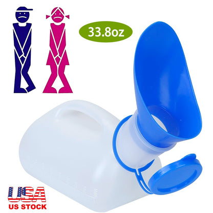 Unisex Potty UrinalÊBottle 1000ML/33.8OZ Adult EmergencyÊUrinal Device Portable Male Female Toilet w/ Lid Funnel For Car Camping Travel Hospital Outdo