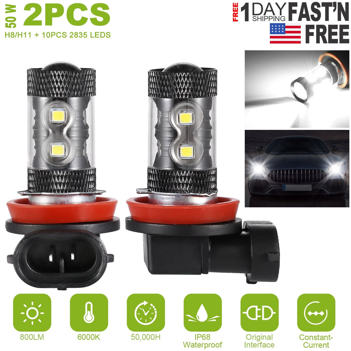 2PCS 800LM 50W H8/H9/H11 LED Fog DRL Light Bulb IP68 Waterproof 10 2835 LEDs 360¡ Beam Angle 6000K White