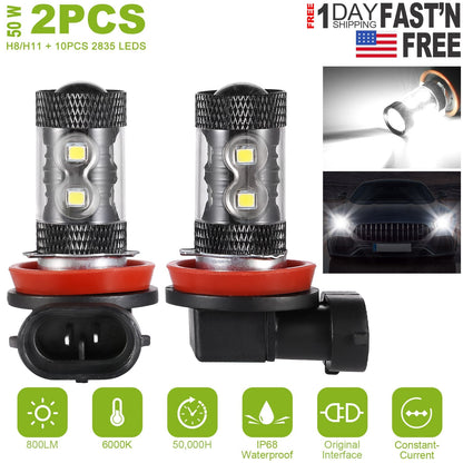 2PCS 800LM 50W H8/H9/H11 LED Fog DRL Light Bulb IP68 Waterproof 10 2835 LEDs 360¡ Beam Angle 6000K White