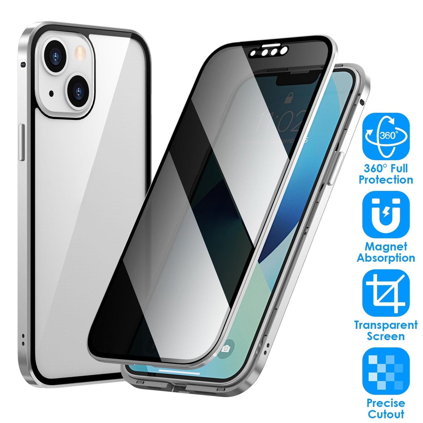 Privacy Magnetic Phone Case 360¡ Full Protection Anti Spy Phone Cover Double Sided Tempered Glass Magnet Absorption Fit for IOS Phone 13 Pro
