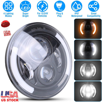 7In 40W Round LED Headlight 3800LM Halo Car Headlamp with DRL Turn Light High Low Beam Fit for Honda Yamaha Motorcycle Jeep Wrangler TJ JK CJ