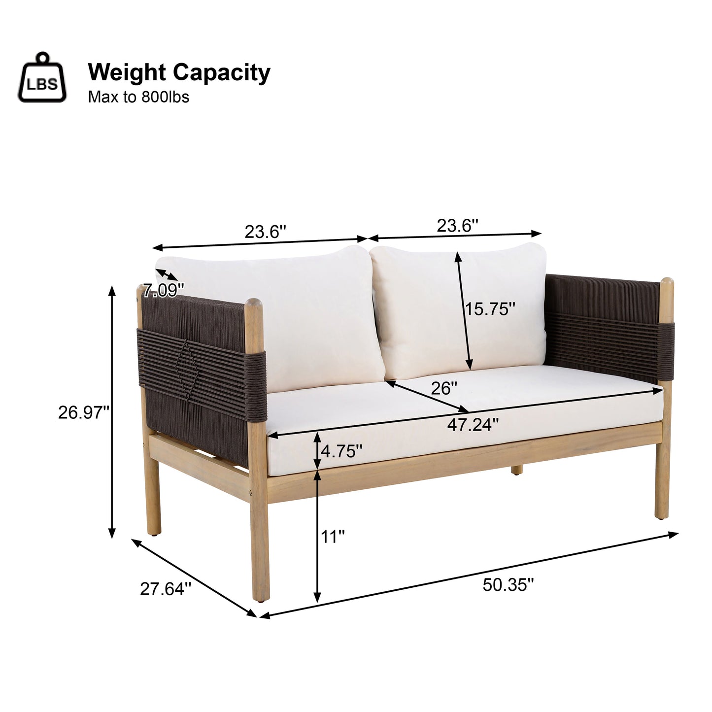 Outdoor Acacia Wood Loveseat with Diamond Rope Weave & Cushions, Light Teak