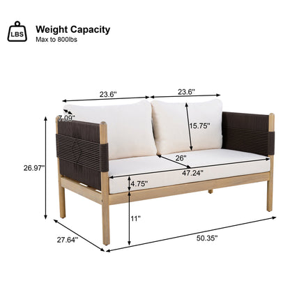 Outdoor Acacia Wood Loveseat with Diamond Rope Weave & Cushions, Light Teak