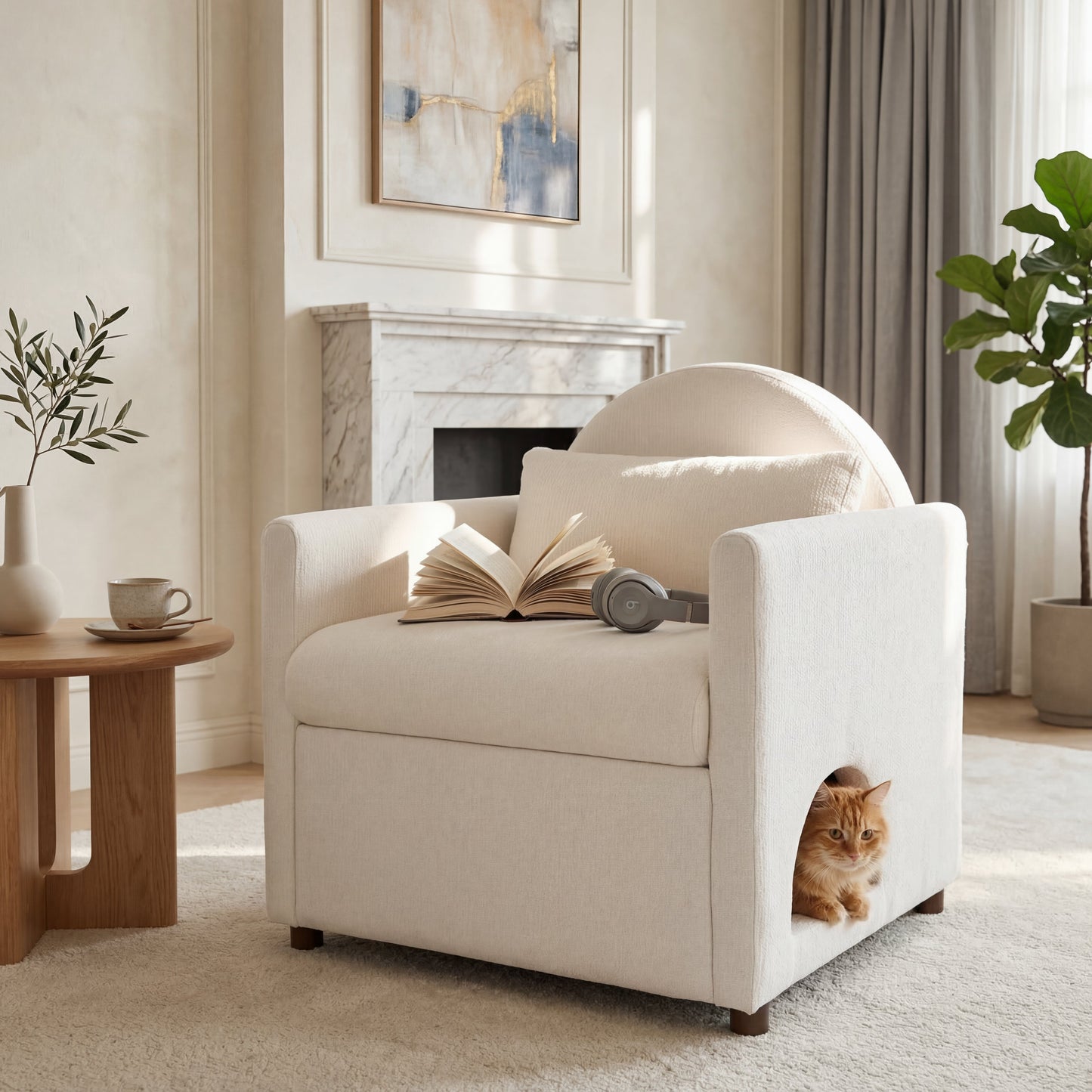 Beige Pet Friendly Accent Chair with Hidden Pet Nook