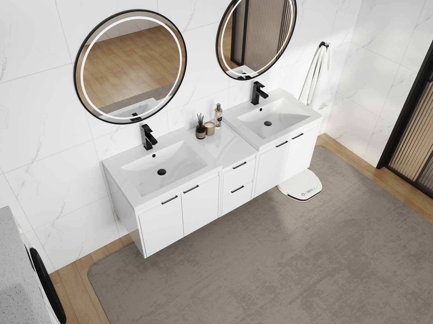 60" Bathroom Vanity With Resin Sink, Soft Close Doors and 1-Side Cabinet