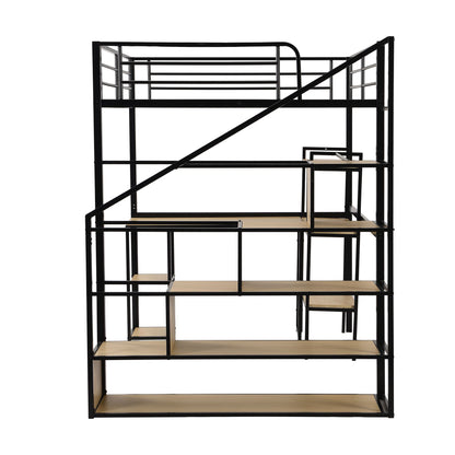Full Size Loft Bed With Staircase, Built In Desk And Shelves And Sleeping Surface - Black