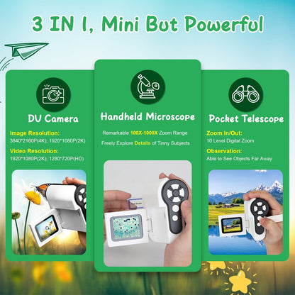 3 In 1 1000X KidsÕ Microscope Telescope Camera Handheld USB Mini Microscope with LED Light 6 Sample Slides 32G MMC Card for Boys Girls Aged 6+ Years O