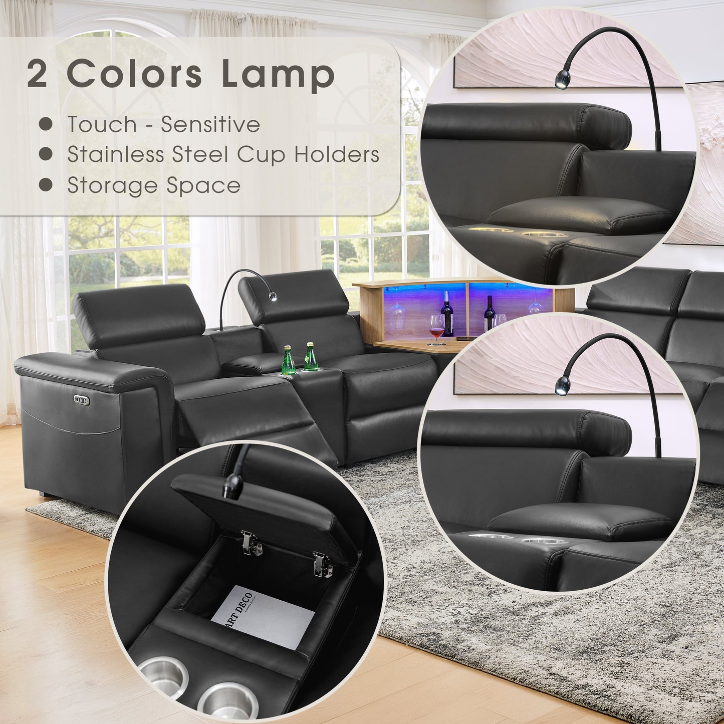 5-Seater Air Leather L-Shaped Powered Recliner Sofa Set with Motorized Lift Cabinet