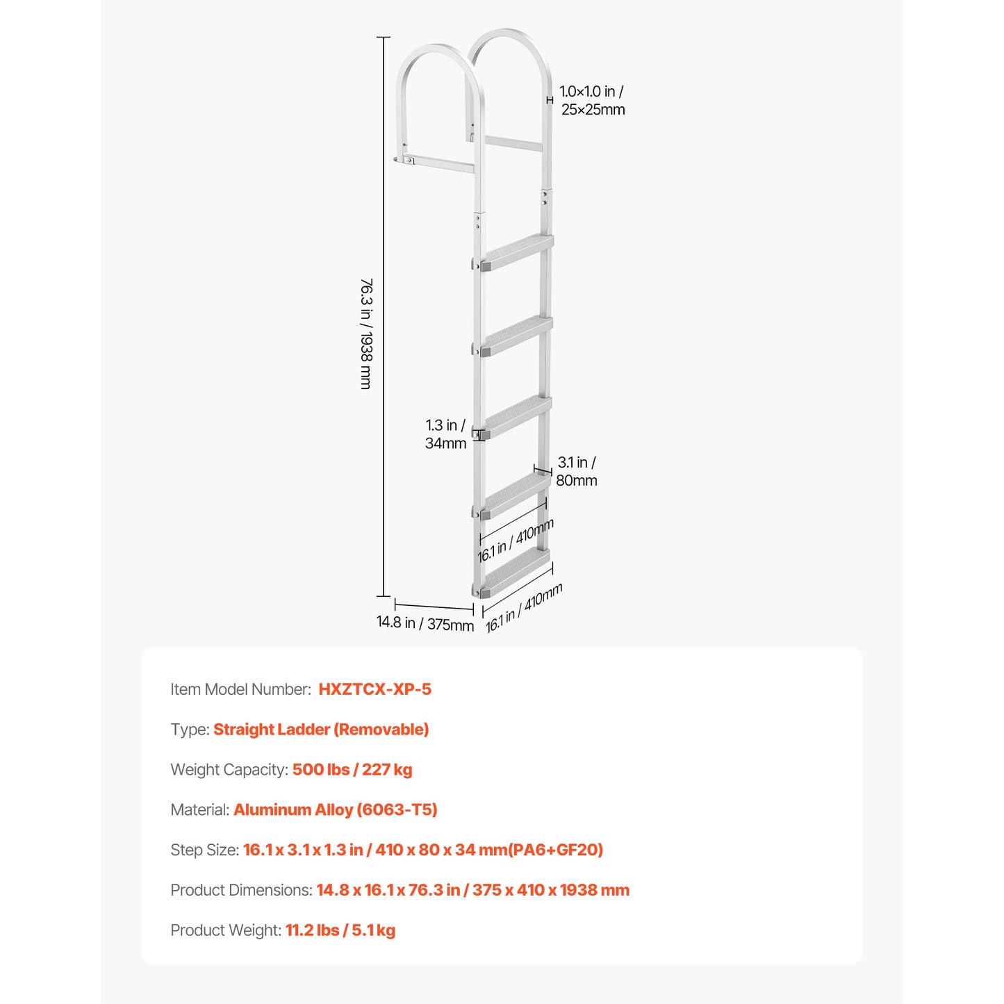 Removable Dock Ladder, 5 Steps, Aluminum Alloy Pontoon Boat Swim Ladder