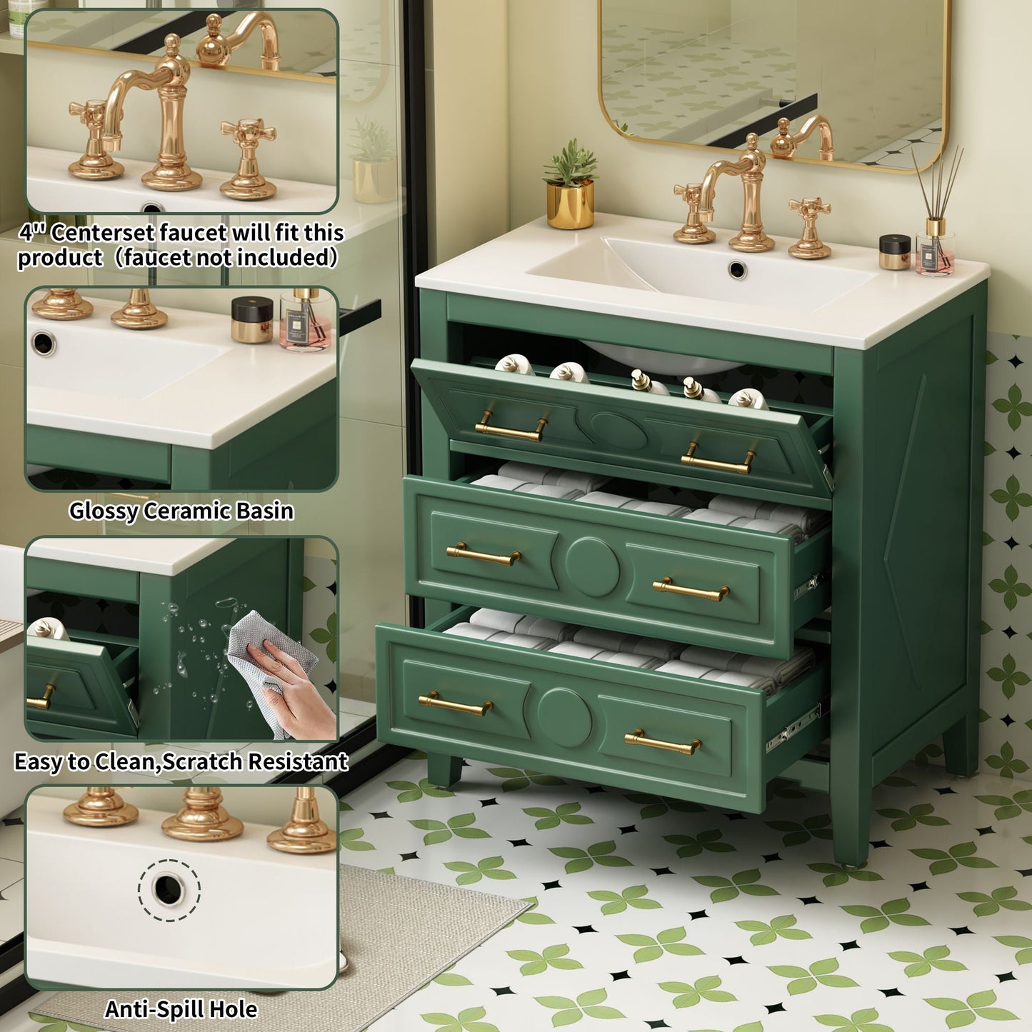 Retro Bathroom Vanity With Sink Combo, Free Standing Single Set With 3 Drawers