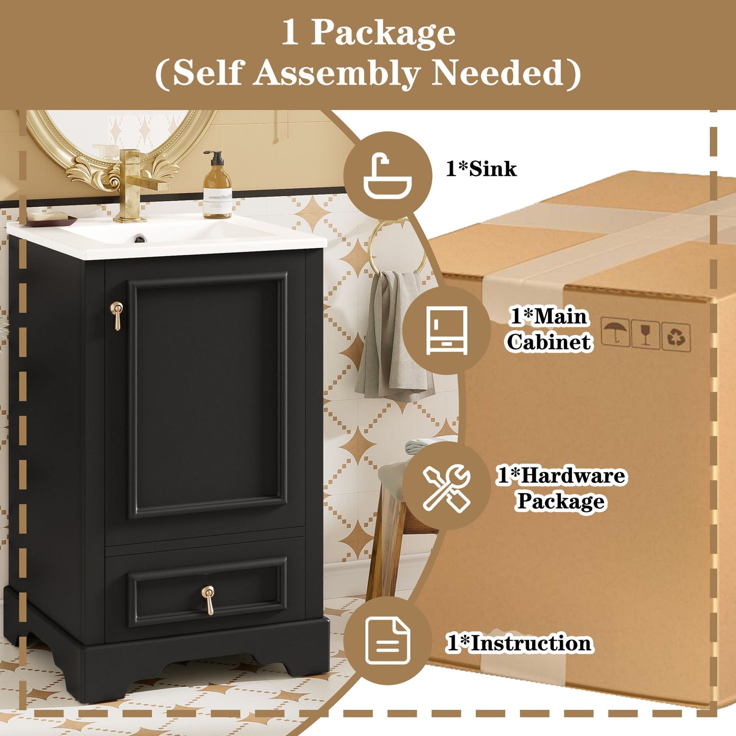 Bathroom Vanity With Sink, Soft Close Door, Adjustable U-Shaped Shelf