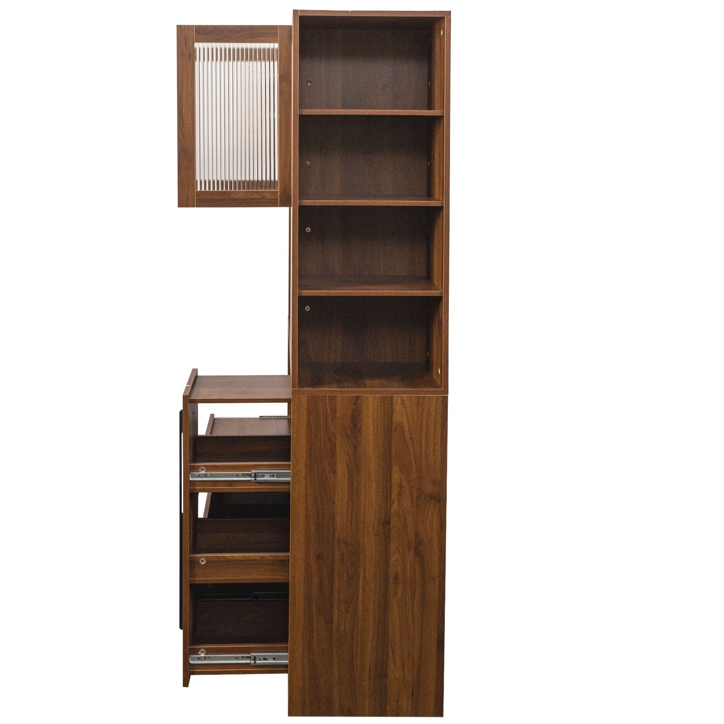 Tall Kitchen Pantry Cabinet With 4 Tier Side Shelf, 2 Drawers, Freestanding Food Hutch With Microwave Stand For Dining Room - Walnut